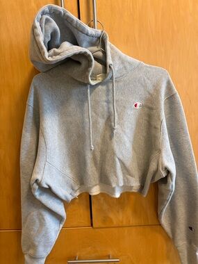 Champion Light Gray Cropped Hoodie with Embroidered C